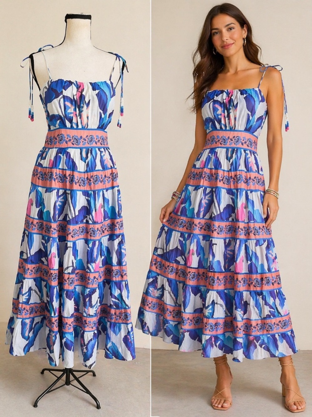 FARM RIO Blue Foliage Cotton Midi‎ Dress XS Tiered Ruffle Vacation Dress NWT